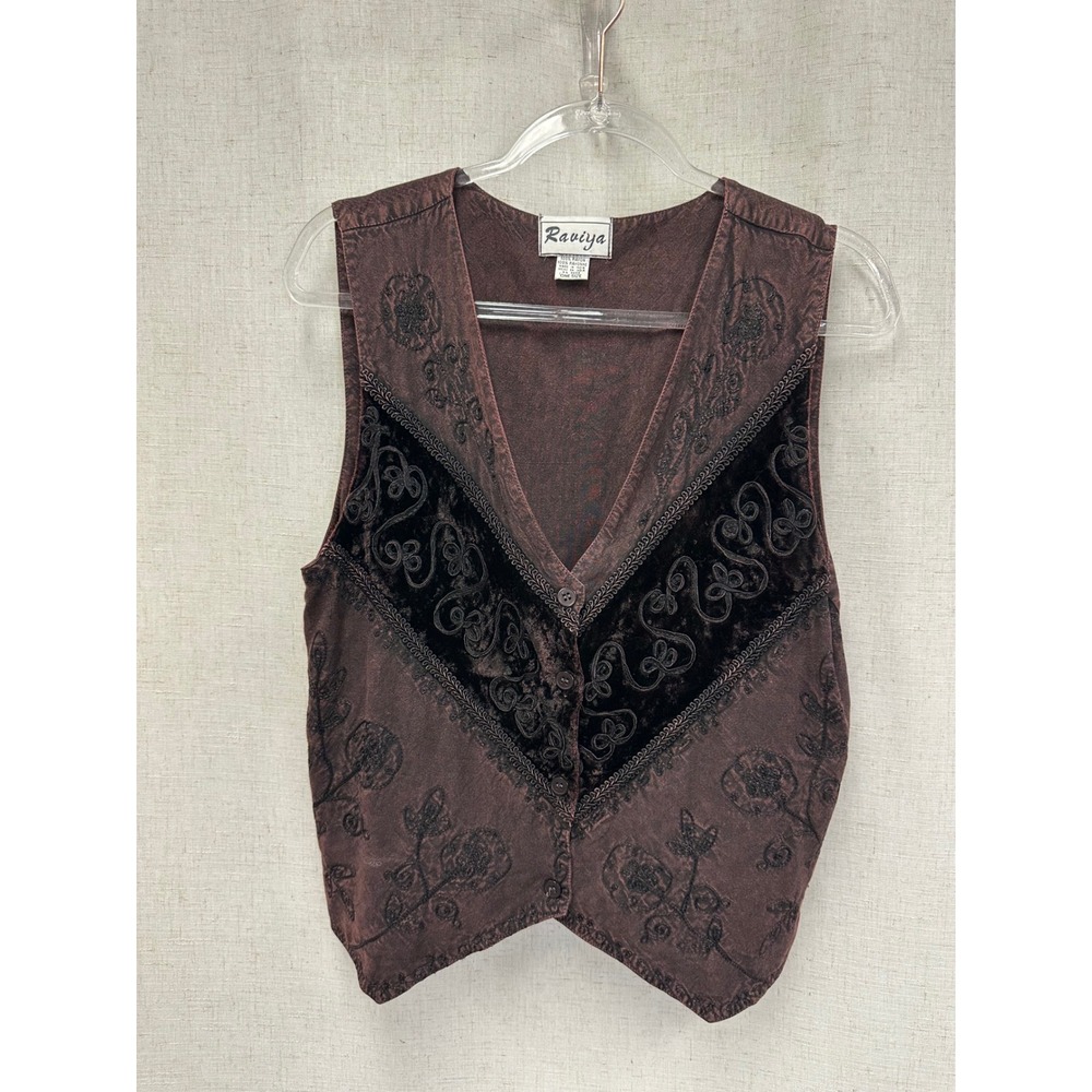 Raviya Brown Floral Embroidered Velvet Trim Rayon Vest Womens One Size Boho 90s - Picture 12 of 16